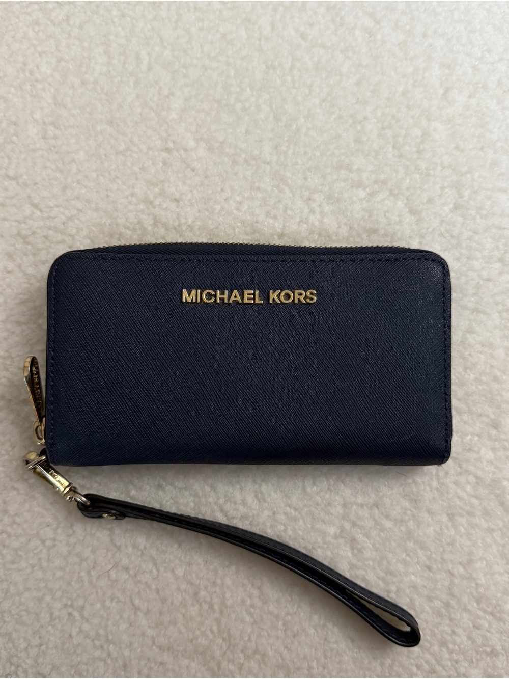Michael Kors Navy Zip Wristlet with Gold Logo